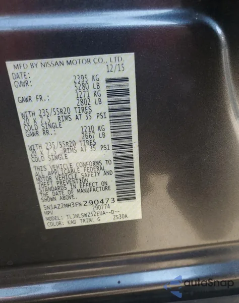 2015 Nissan Murano S z USA, uszkodzony, nr VIN 5N1AZ2MH3FN290473